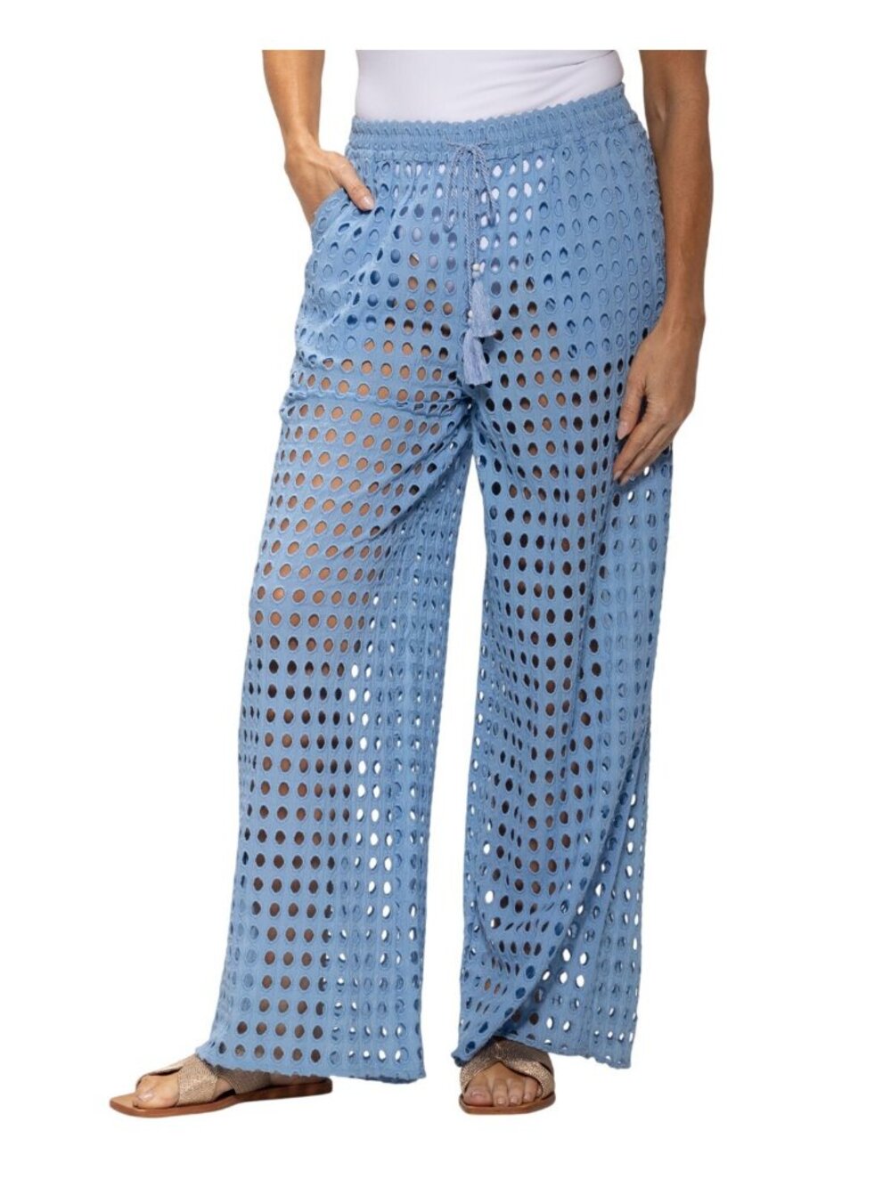 NWT Dotti Womens Cotton Openwork Dot Drawstring-Waist Pants 85289 Light Blue M